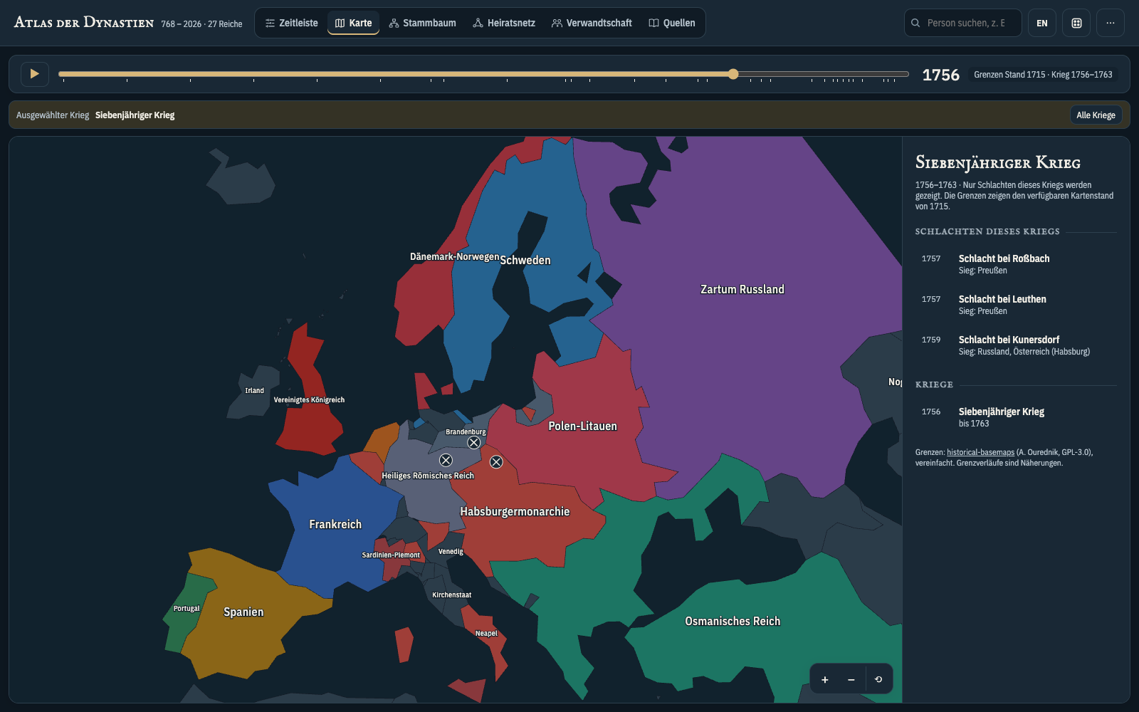 DynAtlas: historical map focused on the Seven Years’ War, with battles and historical context